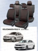 Чехлы VW Polo V 2009-2020 г. - Седан (деленная спинка), черный/отстрочка красная (Тройка) "Статус"