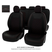 Чехлы Hyundai Sonata VIII (DN8) 2019->  РОМБ/отстрочка красная, черная экокожа + черная алькантара "Оригинал"