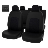 Чехлы VW Polo V 2009-2020 г. - Sd, деленная спинка, РОМБ /отстрочка черная, черная экокожа + черная алькантара "Оригинал"