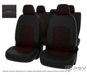 Чехлы Mitsubishi Outlander III 2018-> Рестайлинг 3,  РОМБ /отстрочка красная, черная экокожа + черная алькантара "Оригинал"