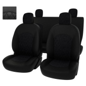 Чехлы Renault Logan II 2012-> сплошная спинка, РОМБ /отстрочка черная, черная экокожа + черная алькантара *Оригинал*