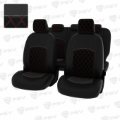 Чехлы Ford Focus III 2011-2019 г. - (Trend Sport, Titanium) РОМБ/ отстрочка красная, черная экокожа + черный велюр "Оригинал"