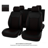Чехлы Nissan Juke 2010-2019 г. - РОМБ/отстрочка красная, черная экокожа "Оригинал"