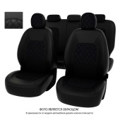 Чехлы Hyundai Sonata VIII (DN8) 2019->  РОМБ/отстрочка черная, черная экокожа + черная алькантара "Оригинал"