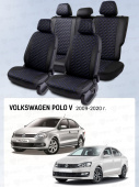 Чехлы VW Polo V 2009-2020 г. - Седан (деленная спинка), черный/отстрочка синяя (Loto) "Статус"