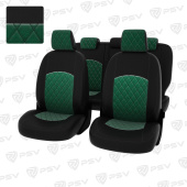 Чехлы Ford Focus III 2011-2019 г. - (Trend Sport, Titanium) РОМБ/ отстрочка зеленая, черная экокожа + зеленый велюр "Оригинал"