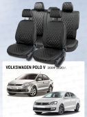 Чехлы VW Polo V 2009-2020 г. - Седан (деленная спинка), черный/отстрочка черная (Тройка) "Статус"