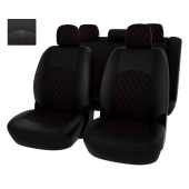 Чехлы Mitsubishi Lancer X 2007-2010 г. -  Sd РОМБ/отстрочка красная, черная экокожа + черная алькантара "Оригинал"
