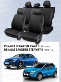 Чехлы Renault Logan/Sandero/Stepway 2012-> деленная спинка, перфорация, черный/отстрочка черная "Статус"
