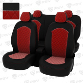 Чехлы Hyundai Solaris I 2010-2017 г. - Hb РОМБ/отстрочка красная, черная экокожа + красный велюр "Оригинал"