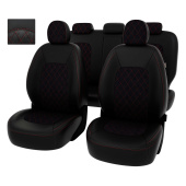 Чехлы Kia Ceed II 2012-2018 г. - РОМБ /отстрочка красная, черная экокожа + черная алькантара "Оригинал"