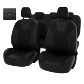 Чехлы Ford Focus III 2011-2019 г. - (Trend) РОМБ /отстрочка черная, черная экокожа + черная алькантара "Оригинал"