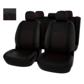 Чехлы Mitsubishi Lancer X 2007-2010 г. - Sd РОМБ/отстрочка красная, черная экокожа "Оригинал"