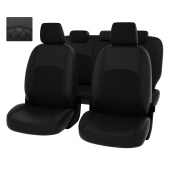 Чехлы Ford Focus II 2005-2011 г. -  (Ghia, Titanium) РОМБ/отстрочка черная, черная экокожа + черная алькантара"Оригинал"