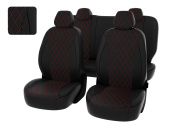Чехлы Ford Focus III 2011-2019 г. - (Trend Sport, Titanium)   РОМБ/отстрочка красная, черная перфорированная экокожа "Статус"