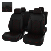 Чехлы Chevrolet Cruze I 2009-2015 г. - 5 подголовников, РОМБ/отстрочка красная, черная экокожа "Оригинал"