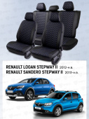 Чехлы Renault Logan/Sandero/Stepway 2012-> деленная спинка, черный/отстрочка синяя (Loto) "Статус"