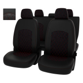 Чехлы VW Polo V 2009-2020 г. - Sd, деленная спинка, РОМБ /отстрочка красная, черная экокожа + черная алькантара "Оригинал"
