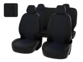 Чехлы Ford Focus III 2011-2019 г. - (Trend Sport, Titanium)   РОМБ/отстрочка синяя, черная перфорированная экокожа "Статус"