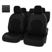 Чехлы Geely Atlas I 2016-2022 г. -  РОМБ/отстрочка чёрная, черная экокожа + черная алькантара "Оригинал"