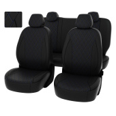 Чехлы VW Polo V 2009-2020 г. - Sd деленная спинка,  РОМБ/отстрочка синяя, черная перфорированная экокожа "Статус"