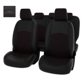 Чехлы Ford Focus II 2005-2011 г. -  (Ghia, Titanium) РОМБ/отстрочка красная, черная экокожа + черная алькантара "Оригинал"
