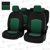 Чехлы Ford Focus II 2005-2011 г. - (Ghia, Titanium) РОМБ/ отстрочка зеленая, черная экокожа + зеленый велюр "Оригинал"