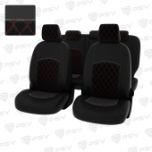 Чехлы Ford Focus III 2011-2019 г. - (Trend Sport, Titanium) РОМБ/ отстрочка красная, черная экокожа + черный велюр "Оригинал"