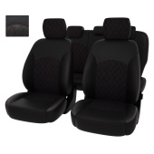 Чехлы Ford Mondeo IV 2006-2014 г. - (Titanium) РОМБ/отстрочка красная, черная экокожа + черная алькантара "Оригинал"