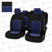 Чехлы Ford Focus III 2011-2019 г. - (Trend Sport, Titanium) РОМБ/ отстрочка синяя, черная экокожа + синий велюр "Оригинал"