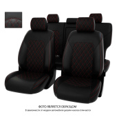 Чехлы Kia Sportage IV 2016-2018 г. - 7 подголовников, РОМБ /отстрочка красная, черная экокожа + черная алькантара "Оригинал"
