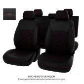 Чехлы Nissan Juke 2010-2019 г. - РОМБ /отстрочка красная, черная экокожа + черная алькантара "Оригинал"