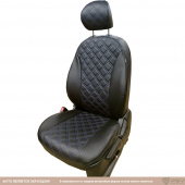 Чехлы VW Polo V 2009-2020 г. - Sd дел. РОМБ/Отстрочка синяя, черный аригон "БРК"