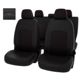 Чехлы VW Polo V 2009-2020 г. - Sd, сплошная спинка, РОМБ /отстрочка красная, черная экокожа + черная алькантара "Оригинал"