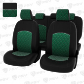 Чехлы Ford Focus II 2005-2011 г. - (Ghia, Titanium) РОМБ/ отстрочка зеленая, черная экокожа + зеленый велюр "Оригинал"