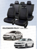 Чехлы VW Polo V 2009-2020 г. - Седан (деленная спинка), черный/отстрочка синяя (Sota) "Статус"