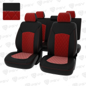 Чехлы Chevrolet Cruze I 2009-2015 г. - 5 подголовников,  РОМБ/отстрочка красная, черная экокожа + красная велюр "Оригинал"