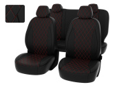 Чехлы Ford Focus III 2011-2019 г. - (Trend Sport, Titanium)  РОМБ/отстрочка красная, черная экокожа "Статус"