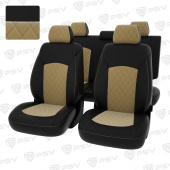 Чехлы Chevrolet Cruze I 2009-2015 г. - 5 подголовников,  РОМБ/отстрочка бежевая, черная экокожа + бежевый велюр "Оригинал"