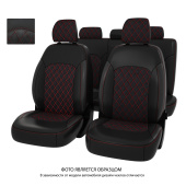 Чехлы Hyundai Solaris II/Kia Rio IV 2017->  Sd (Comfort/Prestige) РОМБ/отстрочка красная,черная экокожа + черная алькантара "Оригинал"