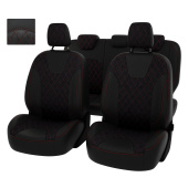 Чехлы Ford Focus III 2011-2019 г. - (Trend Sport, Titanium) РОМБ /отстрочка красная, черная экокожа + черная алькантара "Оригинал"