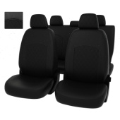 Чехлы VW Polo V 2009-2020 г. - Sd, сплошная спинка, РОМБ/отстрочка черная, черная экокожа "Оригинал"