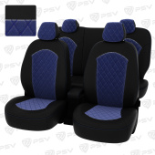 Чехлы Hyundai Solaris II/Kia Rio IV 2017-> Sd (Comfort/Prestige) РОМБ/отстрочка синяя, черная экокожа + синий велюр "Оригинал"