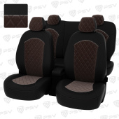 Чехлы Hyundai Solaris II/Kia Rio IV 2017-> Sd (Comfort/Prestige) РОМБ/отстрочка коричневая, черная экокожа + коричневый велюр "Оригинал"