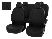 Чехлы Chevrolet Cruze I 2009-2015 г. -  5 подголовников, РОМБ/отстрочка черная, черная экокожа "Статус"