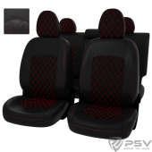 Чехлы Nissan X-Trail III (T32) 2013-> РОМБ /отстрочка красная, черная экокожа + черная алькантара "Оригинал"
