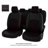 Чехлы Mazda 3 II 2008-2013 г. - Hb РОМБ /отстрочка красная, черная экокожа + черная алькантара "Оригинал"