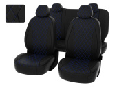 Чехлы Ford Focus III 2011-2019 г. - (Trend Sport, Titanium)  РОМБ/отстрочка синяя, черная экокожа "Статус"