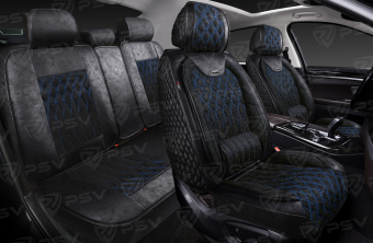 Накидки 5D PSV Galant Velvet Skin (Черный/Отстрочка Синяя), комплект на весь салон, вельвет + мокрая кожа
