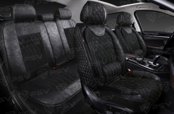 Накидки 5D PSV Galant Velvet Skin (Черный/Отстрочка Черная), комплект на весь салон, вельвет + мокрая кожа